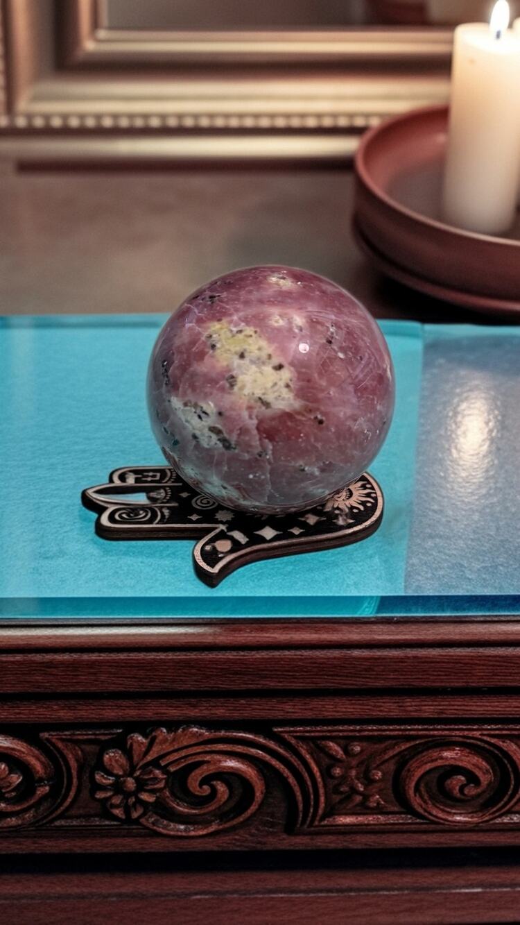 Pink Aventurine & Serpentine ~70mm Sphere with Hamsa Wood Holder